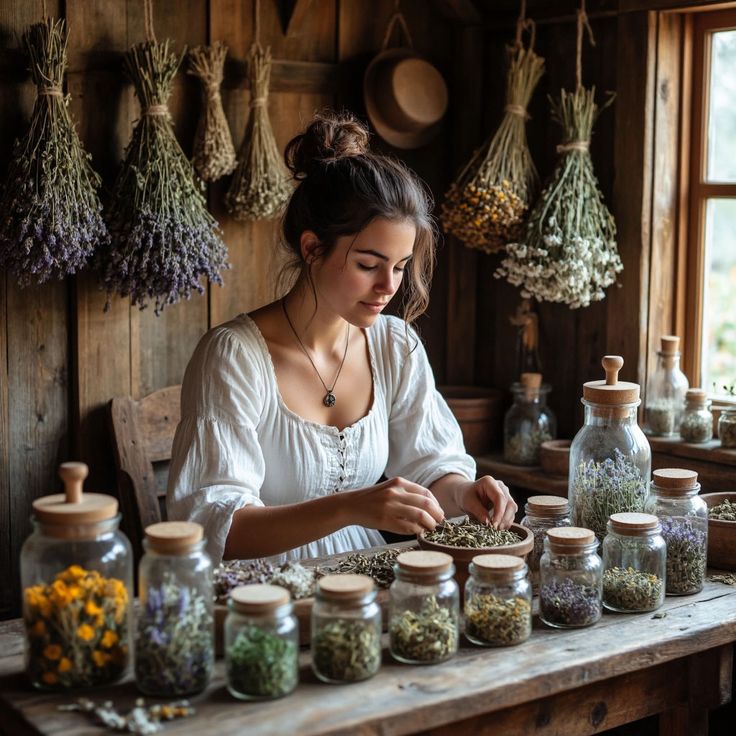 Assorted dried botanicals in labeled glass jars on a wooden surface