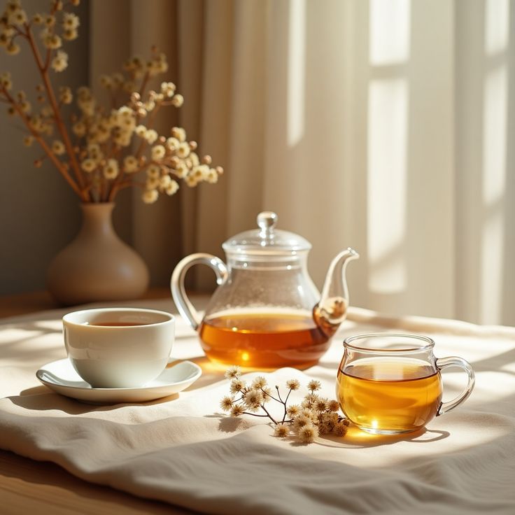 Glass teapot with amber infusion beside a timer and measuring spoon on a linen cloth